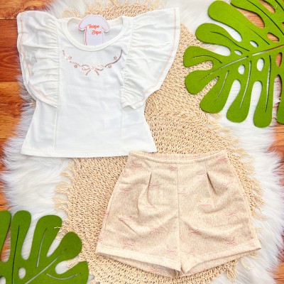 Conj. Regata com Laço em Paetê e Short - Off White e Areia